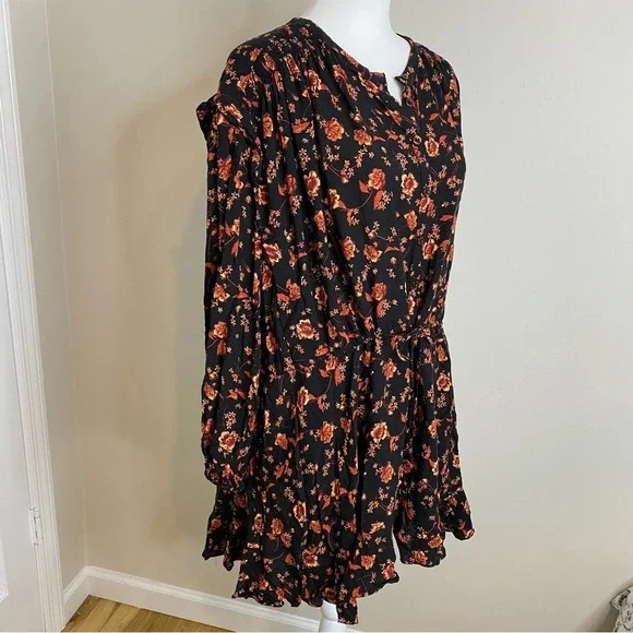 Free People | Flower Fields Black & Orange Floral Print Long Sleeve Mini Dress M - Picture 7 of 16